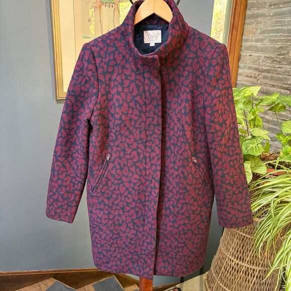Ann Taylor LOFT Red Leopard Print, Funnel Neck, Navy Blue Coat size M - Picture 3 of 10